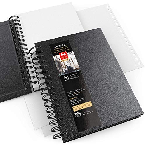ARTEZA Watercolor Sketchbook Set, 3-Pack, 64 Pages per Book, 5.5 x 8.5 Inches, Black Hardcover Spiral Notebooks, 140-Pound Premium Watercolor Paper for Artists