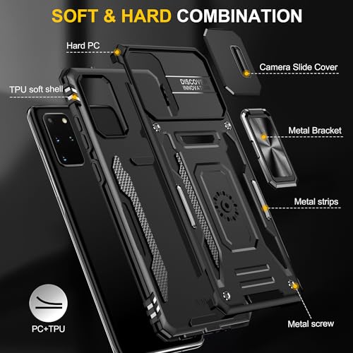 KOBBRAN for Samsung Galaxy S20 Plus Case Galaxy S20+ Plus Case with Slide Camera Cover Ring Kickstand Military Grade Shockproof Case for Galaxy S20 Plus Phone Case (Black)
