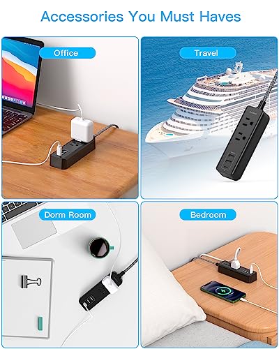 Cruise Essentials, USB C Travel Power Strip, Flat Plug Power Strip with 2 Outlets 3 USB Ports (1 USB C), Flat Extension Cord USB Charging Station, Non Surge Protector for Cruise, Travel, Home