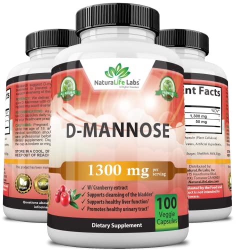 NaturaLife Labs A Higher Standard D-Mannose 1,300 mg with Cranberry Extract Fast-Acting, Flush Impurities, Urinary Tract Health- 100 Veggie Capsules