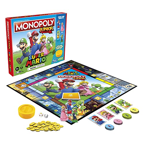 Monopoly Junior Super Mario Edition Board Game, Fun Kids' Ages 5 and Up, Explore The Mushroom Kingdom as Mario, Peach, Yoshi, or Luigi (Amazon Exclusive)