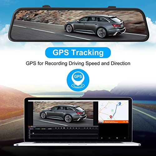 PRUVEEO 2K Mirror Dash Cam 3 Channel,Rear View Mirror Camera,Dash cam Front and Rear Inside,12'' Full Touch Screen, IR Night Vision,GPS,Parking Assistance,Free128GB Card