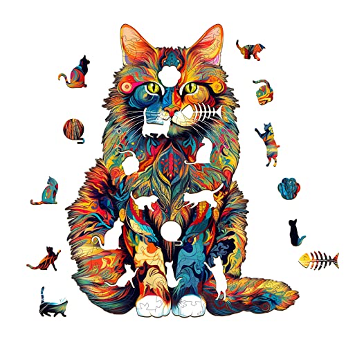 KAAYEE Wooden Jigsaw Puzzle, Maine Coon Cat Puzzle, 80 Pieces, 8.3 * 6.6 Inch, Animal Unique Shaped Puzzle, Gift for Kids and Adults