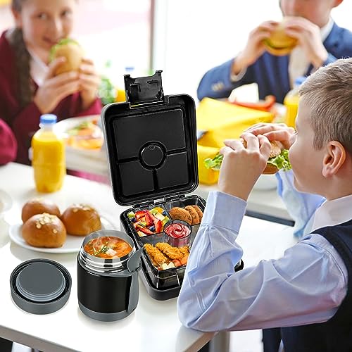 Pawtong Bento Lunch Box Set With 10oz Soup Thermo, Leak-proof Lunch Containers with 4 Compartment, Kids Hot Thermo Food Jar/Insulation Lunch Bag, Food Containers for School (Black)