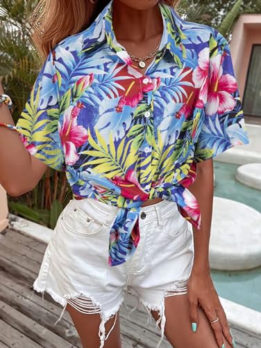 Hawaiian Shirts for Women Tropical Floral Printed Hawaii Shirts Button Down V Neck Short Sleeve Blouses Tops Blue