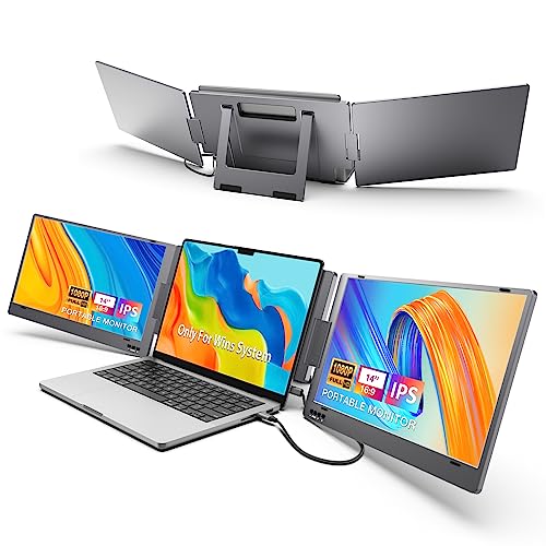 KYY Triple Laptop Screen Extender, 14" 1080P FHD IPS Dual Portable Extended Monitor, USB C Travel for 12-16'' Laptop, 210°Rotation & Kickstand, Plug and Play, X90 (Windows Only)