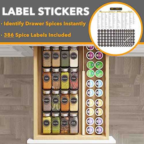 SpaceAid Spice Drawer Organizer with 16 Spice Jars, 386 Spice Labels, 4 Tier Seasoning Rack Tray Insert for Kitchen Drawers, 7.5" Wide x 17.5" Deep