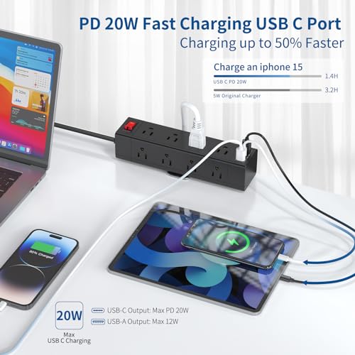 Fast Charging PD 20W USB C Desk Clamp Power Strip,Fararaka Surge Protector Power Strip with 3USB Ports/12 AC,6FT Extension Cord with Multiple Outlets Removable Mountable Fits 1.8" Tabletop Edge