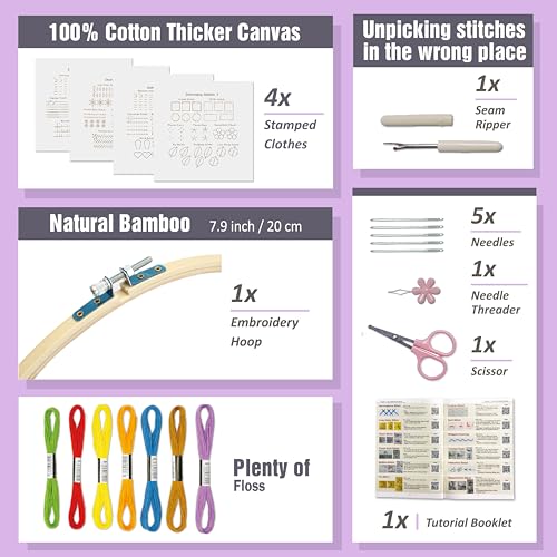 Bradove 4 Sets Embroidery Stitches Practice Kit, Embroidery Kit for Beginners with Embroidery Patterns, Beginner Embroidery Kit, Embroidery Kits for Adults, Hand Embroidery Kit for Kids