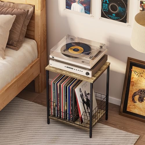 X-cosrack 2-Tier Record Player Table, Industrial Retro Side Table Nightstand Small for Living Room Bedroom Kitchen Office Small Spaces, Record Player Stand with Record Album Storage-Rustic Brown