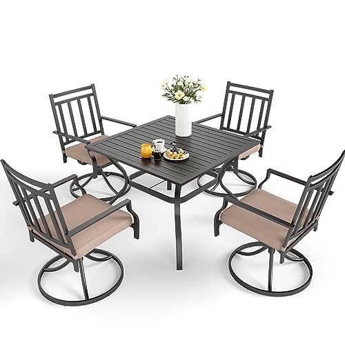 MFSTUDIO 5 PCS Metal Outdoor Patio Furniture Dining Set, 4 Metal Swivel Chairs and Square Dining Table with Umbrella Hole, Black