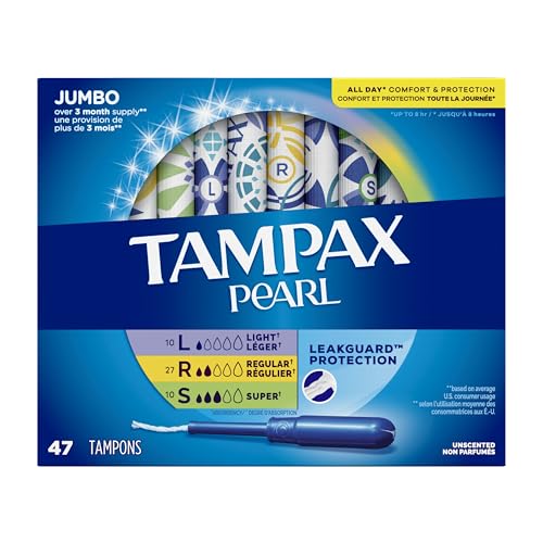 Tampax Pearl Tampons Multipack, Light/Regular/Super Absorbency, With Leakguard Braid, Unscented, 47 Count