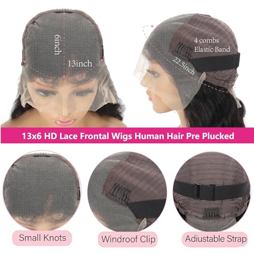 oveflect 16 Inch 13x6 Lace Front Wigs Human Hair 200 Density Body Wave HD Lace Front Wigs Human Hair Pre Plucked Natural Color Glueless Wig 100% Virgin Human Hair Lace Front Wigs for Women
