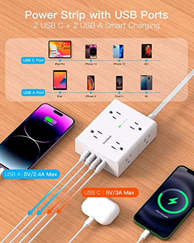 Surge Protector Power Strip, 5Ft Flat Extension Cord Flat Plug with 4 USB Charging Ports (2 USB C) 8 Widely Outlets, 1080J Wall Mount Outlet Extender, Office Supplies, Dorm Room Essentials
