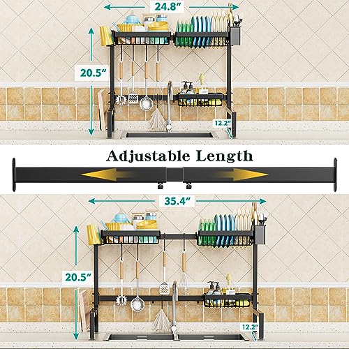 YKLSLH Over The Sink Dish Drying Rack 2 Tiers, for All Sinks (24.8"-35.4"),Expandable Large Capacity Sink Rack, Metal Drying Rack for Kitchen and Family Use