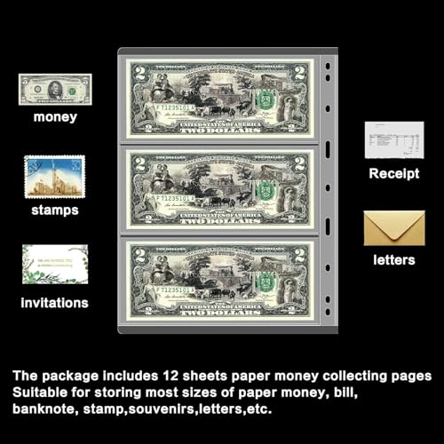 12 Sheets Paper Money Collection Supplies Pages, Currency Collecting Book Album Sleeves, 36 Pocket Money Stamp Page Holders for Standard 9-Hole Coin Collector Binder, 3 Pockets/Sheet