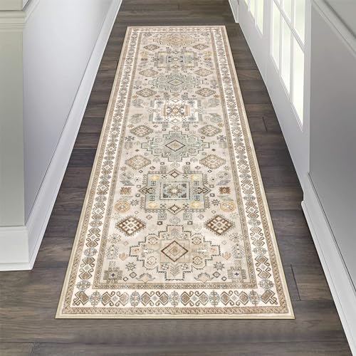 Pauwer Runner Rug 2x6 Non-Slip Washable Low-Pile Accent Rug, Vintage Distressed Throw Carpet, Hallway Kitchen Mat Non-Shedding, Living Room Entryway Foyer Bedroom Area Rug(Beige, 2'x6' Ft)