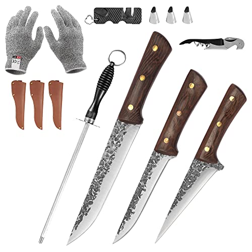 FULLHI 8pcs Butcher Knife Set Hand Forged Chef Knife Boning Knife With Sheath High Carbon Steel Carving Knife Fish Knife Chef Knife Set for Kitchen, Camping, BBQ