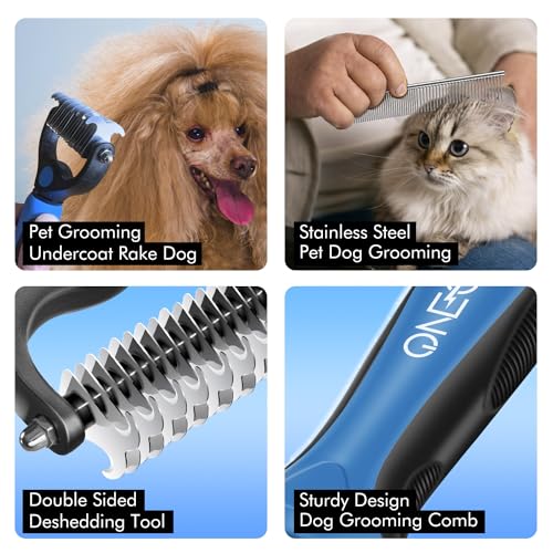 OneCut Pet Grooming Brush and Metal Comb Combo, Pet Grooming Rake and Brushes for Small, Medium & Large Dogs Double Sided Deshedding Tool Removes Knots and Tangled Hair (Blue)