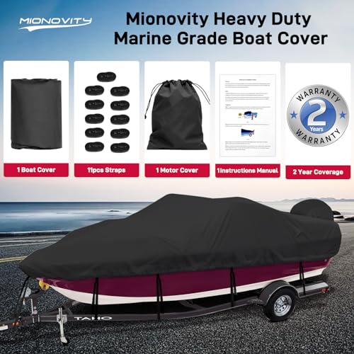 Mionovity 600D Heavy Duty Waterproof Boat Cover, Boat Cover 14-16 ft, Fits V-Hull, Tri-Hull, Fishing Boat, Pro-Style Bass Boat,14' 15' 16' Boat Covers with Outboard Motor Cover & Windproof Strap