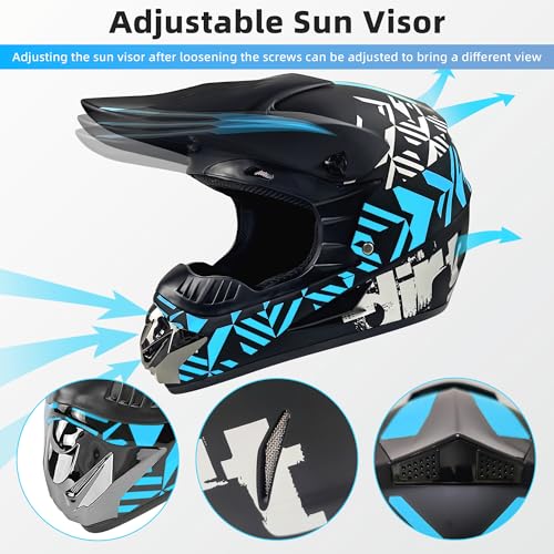 Youth Dirt Bike Helmets Fashion Motocross Helmet Kids ATV Off-Road Helmets Moutain Bike Motorcycle Helmets DOT Approved (Goggles Gloves Faceshield) (Blue, Small)
