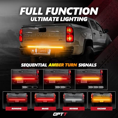 OPT7 48" Redline Triple Row LED Tailgate Light Bar w/Sequential Amber Turn Signal - Weatherproof Rigid Aluminum Light Strip for Colorado Frontier Ranger Maverick - Full Function Reverse Brake Running