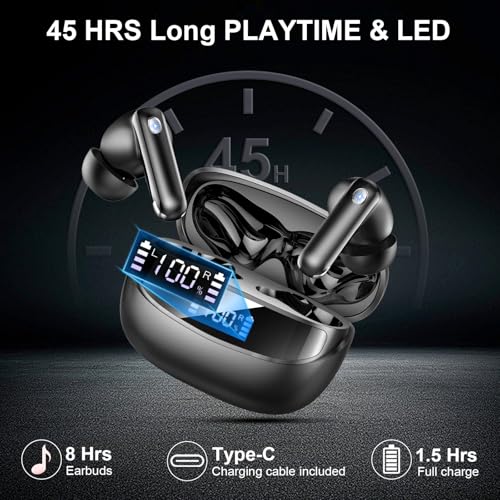 Wireless Earbuds, Bluetooth 5.4 Headphones with 4 ENC Noise Cancelling Mic, 45Hrs Playtime Bluetooth Earphones HiFi Stereo Deep Bass, in Ear Earbuds IP7 Waterproof, Wireless Headphones for Android iOS