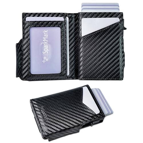 SparkMark RFID Credit Card Holder Wallet for Men | Magnetic Business Card Holder Case | Minimalist Pop Up Metal Wallet with Money Clip, Gift Box Included