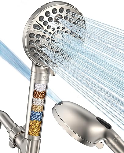 MakeFit Handheld Shower Head with Filter Brushed Nickel - High Pressure 10 Spray Modes Filtered Shower Head with Hose, Bracket and Hard Water Shower Filters to Remove Chlorine and Heavy Metals