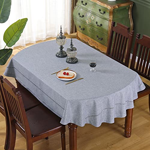 Handmade Hemstitch Tablecloth Natural Faux Linen Table Cloth Oval Rustic Table Cover for Kitchen Dinning Room Party Solid Grey 60x84 inch