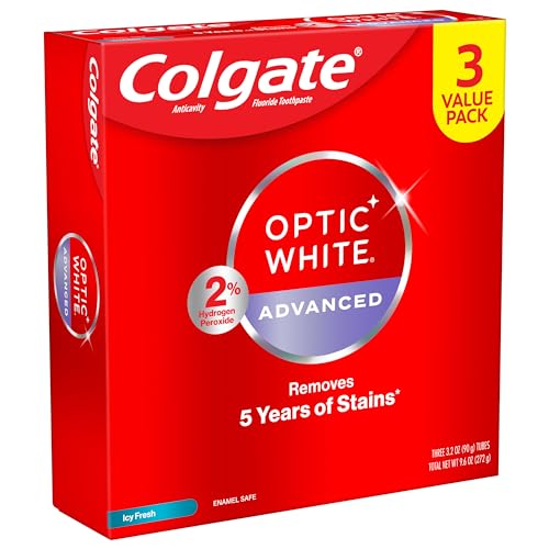 Colgate Optic White Advanced Hydrogen Peroxide Toothpaste Pack, Teeth Whitening Toothpaste, Enamel-Safe Hydrogen Peroxide Formula, Helps Remove Tea, Coffee, and Wine Stains, Icy Fresh, 3 Pack, 3.2 oz