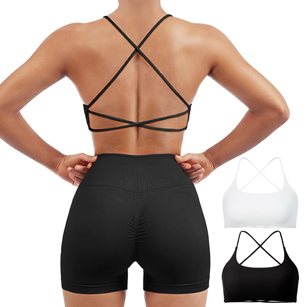 SUUKSESS Women 2 Piece Open Back Sports Bra Pack Strappy Workout Gym Yoga Crops (White & Black, M)