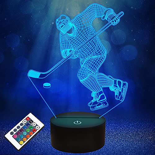 Hockey Stuff Gifts for Kids Boys, Ice Hockey Player 3D Lamp LED Night Light for Boys Men Bedroom Decor, Hockey Accessories Gifts for Sports Fan