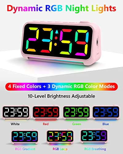 Digital Alarm Clock with LED Large Display USB Charger Port RGB Night Light - Small Desk Clocks for Kids Bedroom Decor Pink