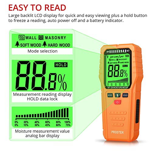 Proster Pinless Wood Moisture Meter - Non Destructive Moisture Tester for Wood Wallboard Masonry, Detect up to 3/4 Inch Below Surface, Backlit Color LCD, Visual Audible Alarm