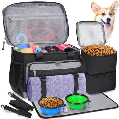 IGOLUMON Dog Travel Bag Large Pet Travel Bags Set for Supplies Weekend Dog Travel Kit Tote Organizer Multi-Pockets Dog Food Travel Bag with 2 Extra Large Food Containers, 2 Dog Bowls, 1 Feeding Mat