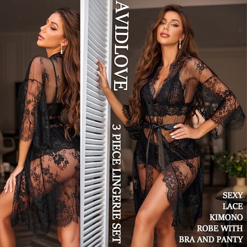 Avidlove Women Sexy Lingerie Set 3 Piece Lace Kimono Robe with Bra and Panty Sheer Sleepwear Black