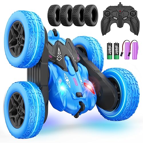 Terucle Remote Control Car, Rc Cars Stunt RC Car Toys New Upgraded Strip Lights and Headlights Car Toys Double-Sided 360° Rotating 4WD Rc Drift Truck for Boys Girls Birthday Gift (Blue)