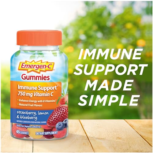 Emergen-C 750mg Vitamin C Gummies for Adults, Immune Support Gummies, Gluten Free, Strawberry, Lemon and Blueberry Flavors - 45 Count