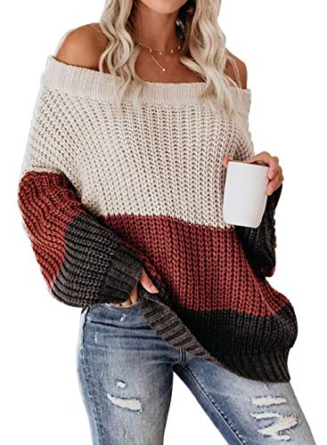 VIMPUNEC Womens Oversized Sweater Color Block Off The Shoulder Pullover Sweaters Cable Knit Chunky Striped Tops White Black S