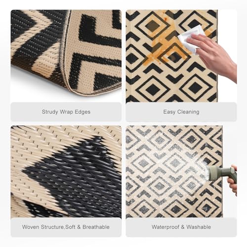 wikiwiki Outdoor Rug, 5x8ft Waterproof Reversible Mat Indoor Outdoor Rugs Carpet, Small Area Rug Plastic Straw Rug for Patio Deck Balcony Pool RV Camping Beach Picnic, Black & Beige