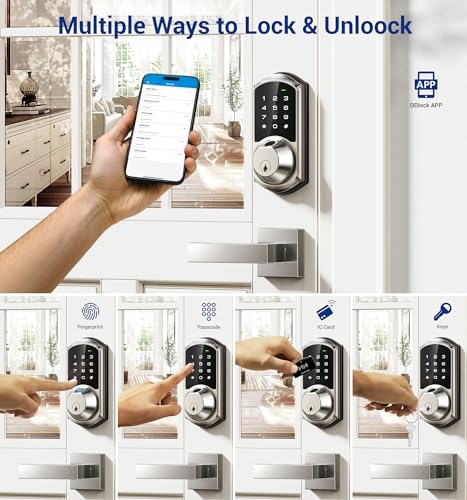 Veise Fingerprint Smart Locks for Front Door with 2 Lever Handle Set, App Control, Keyless Entry, Electronic Digital Keypad Deadbolt, Auto Lock, Waterproof, Easy to Install, Satin Nickel
