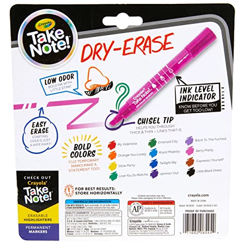 Crayola Take Note Dry Erase Markers (12ct) Whiteboard Markers for Teachers, Low Odor, Chisel Tip, School Classroom Supplies