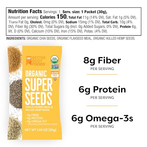 BetterBody Foods Superfood Organic Super Seeds - Blend of Organic Chia Seeds, Milled Flax Seed, Hemp Hearts, 1.05 oz packets (Pack of 24)