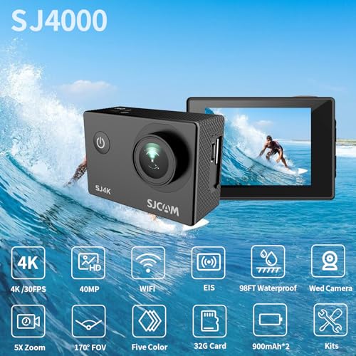 SJCAM SJ4000 Action Camera 4K30fps 40MP WiFi Camera with Stabilization,Underwater Waterproof Camera with 170°FOV,5X Zoom,Dual Batteries,32G SD Card and Helmet Mount Accessories Kits