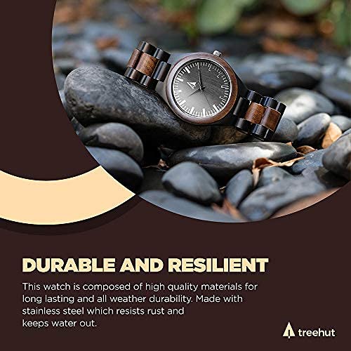 Treehut Wooden Watches for Men, Great Japanese Quartz Analog, Stylish Exotic Watch with Adjustable Stainless Steel Clasp, Buckle, Made from Ebon Wood, Relojes Hombre Mujeres