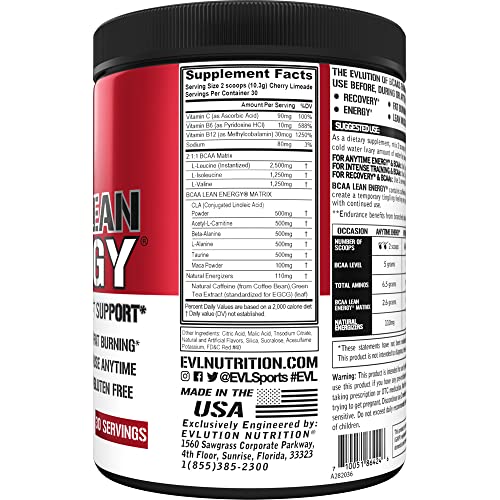 EVL BCAA Lean Energy Powder - Pre Workout Green Tea Fat Burner Support with BCAAs Amino Acids and Clean Energizers - BCAA Powder Post Workout Recovery Drink for Lean Muscle Recovery - Cherry Limeade