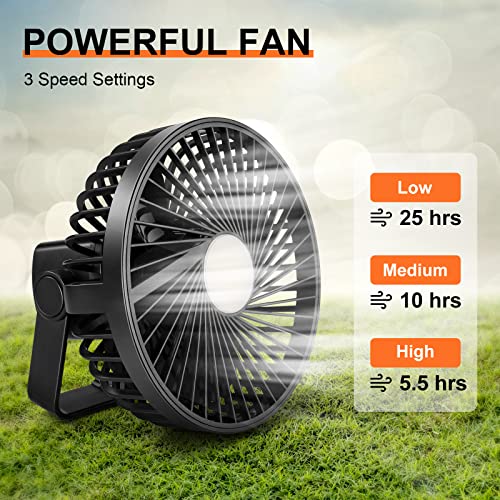 Odoland Camping Fan with LED Lantern, Rechargeable Battery Operated Fan with Hang Hook, Portable Camp Tent Fan, USB Table Fan with Light for Outages Hurricane Emergency