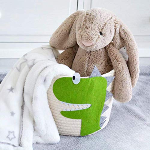 T&T Homewares Small Cotton Rope Basket with Cute Green Dinosaur for Baby Diaper Organizer, Woodland Nursery Storage, Kids Room Organizer, Baby Laundry Baskets, Cat Dog Toy Basket
