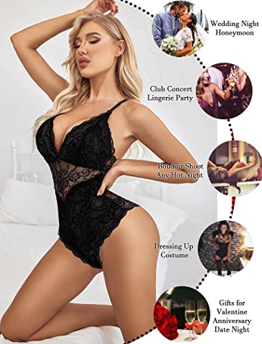 Avidlove Lingerie for Women Teddy Lingerie Snap Crotch Sexy Lace Bodysuit One Piece Teddy(Black,S)